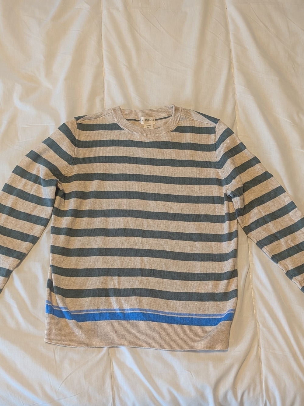 Crewcuts Beige and Olive Striped Crewneck with Blue Hem